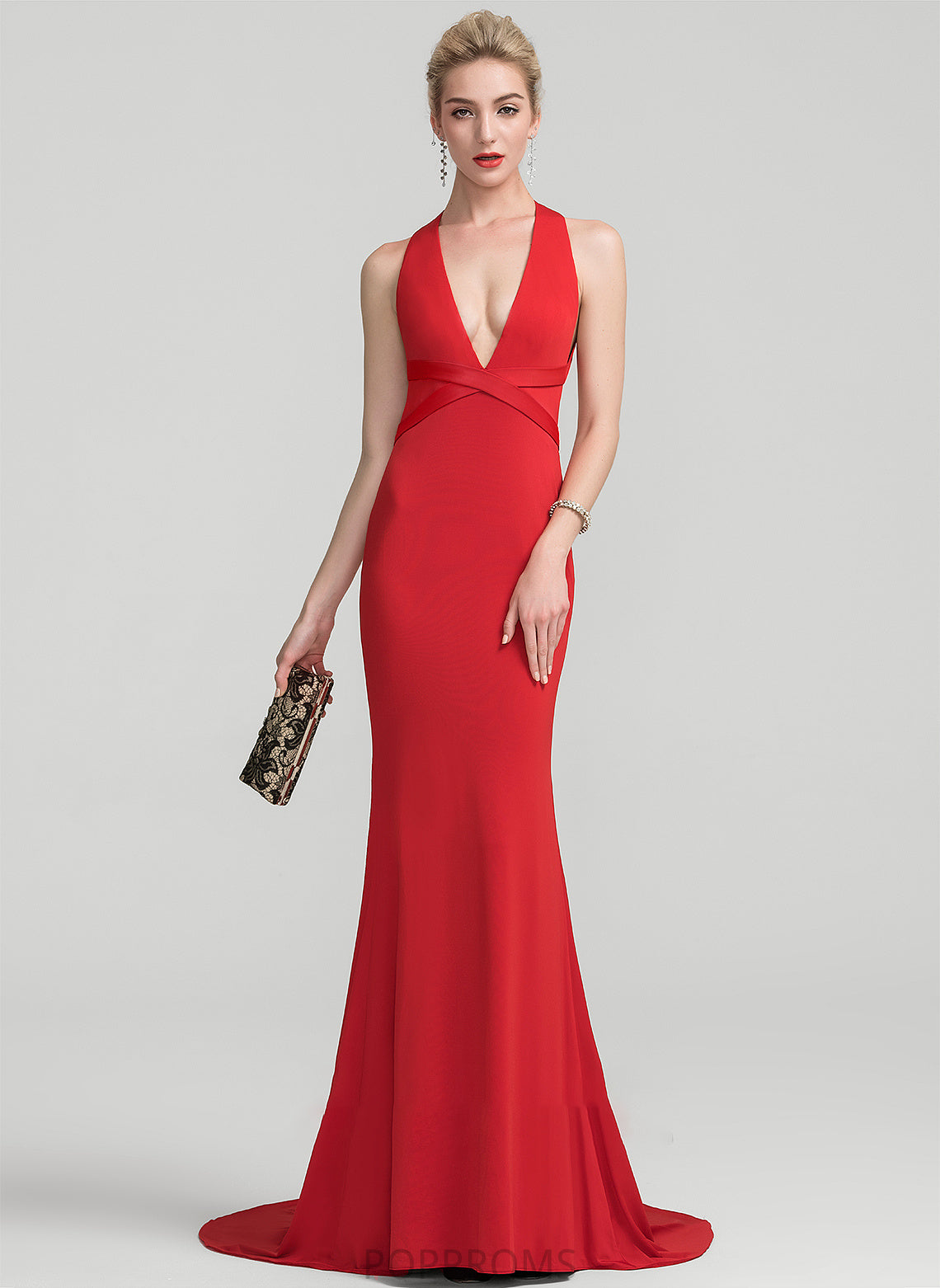 Jersey Train V-neck Sweep Trumpet/Mermaid Makena Prom Dresses