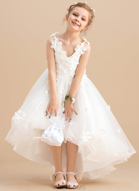 Asymmetrical With Catherine Dress Beading/Flower(s)/Bow(s) Ball-Gown/Princess V-neck Sleeveless - Girl Flower Tulle Flower Girl Dresses