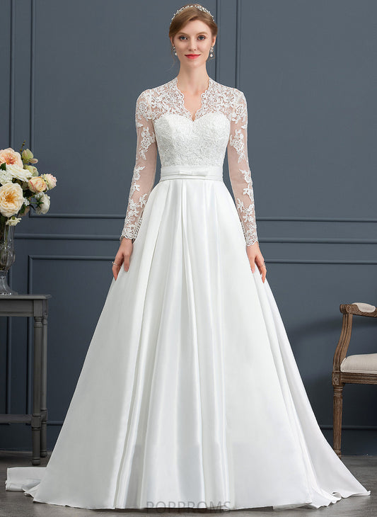 Wedding Wedding Dresses Ball-Gown/Princess Satin V-neck Dress With Bow(s) Court Lace Shirley Train