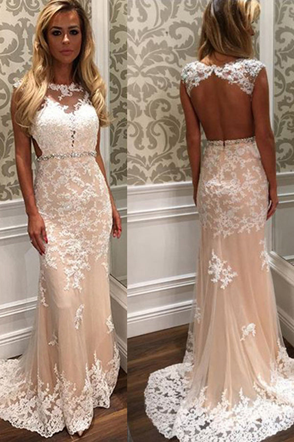 Peach Sheath Sweep Train Sleeveless Backless Lace Appliques Prom Dresses