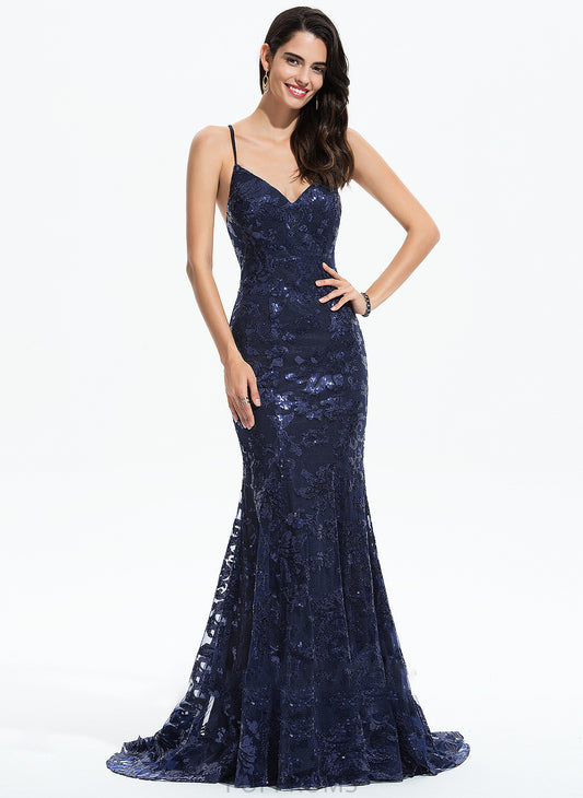 Trumpet/Mermaid V-neck Prom Dresses With Sequined Train Sweep Sequins Lana