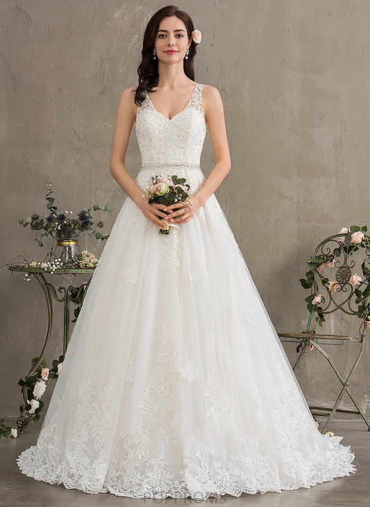 Wedding Train Dress Wedding Dresses With Ball-Gown/Princess V-neck Tulle Court Sequins Beading Charlie