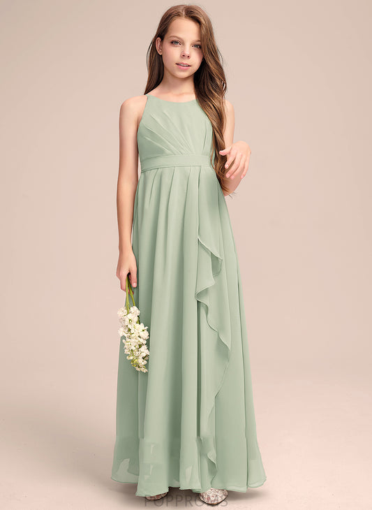 With Ruffles A-Line Neck Floor-Length Logan Junior Bridesmaid Dresses Chiffon Cascading Scoop