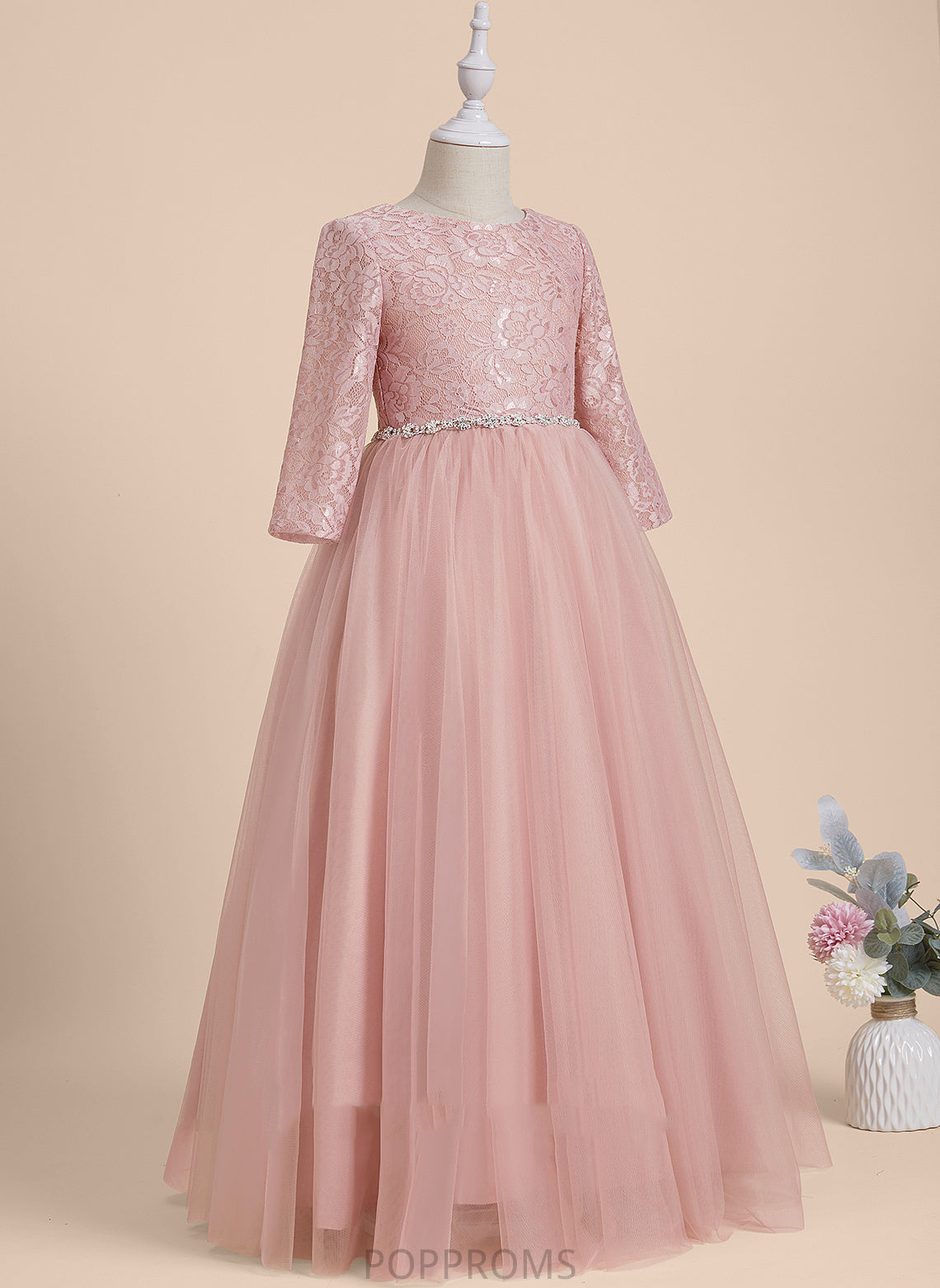 A-Line Girl With Neck - Beading/V Sue Tulle Back Long Scoop Flower Girl Dresses Dress Sleeves Flower Floor-length