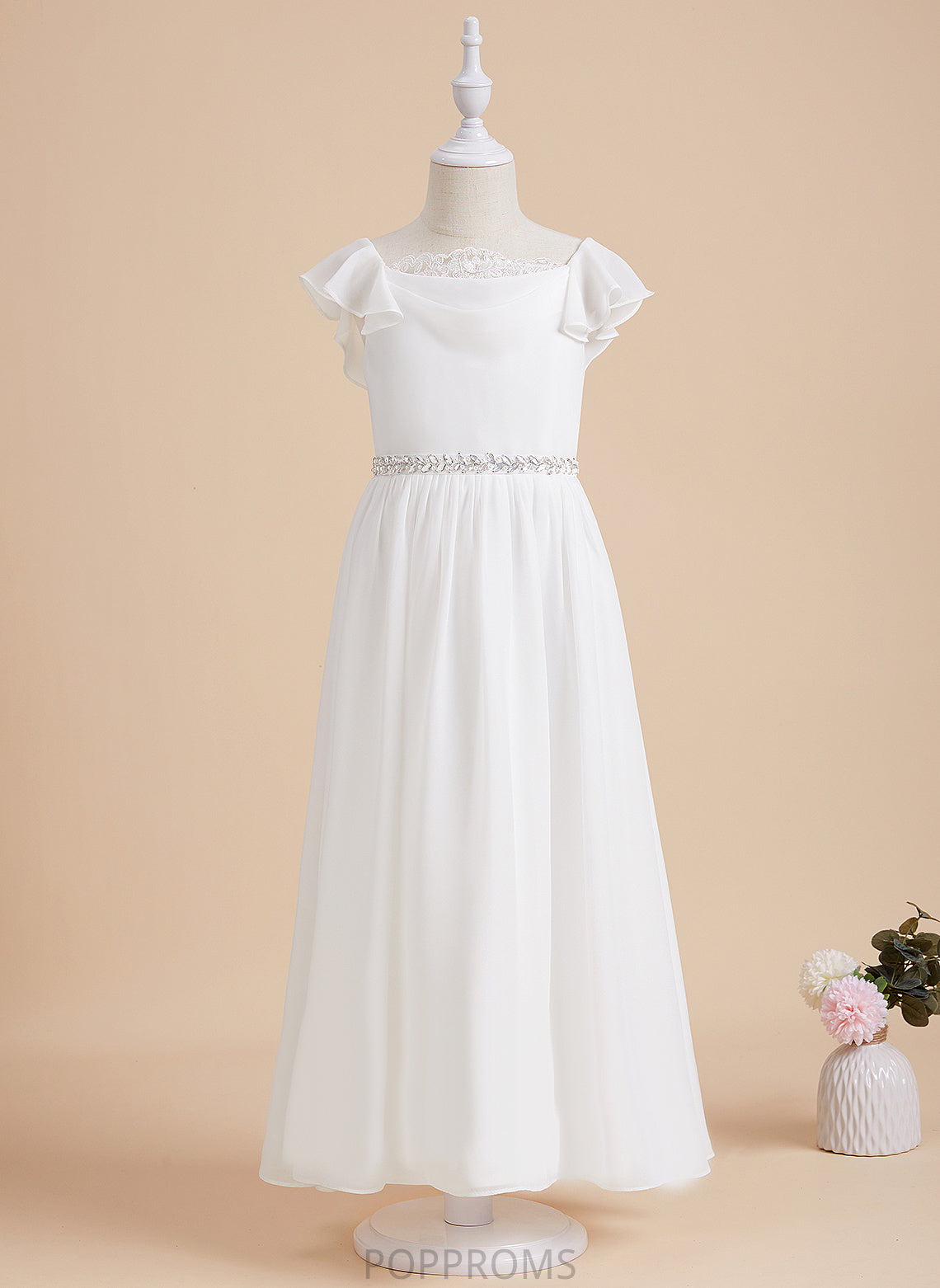 Scoop Girl - Ankle-length Kirsten Beading Sleeves Chiffon/Lace A-Line Dress Flower Neck Short With Flower Girl Dresses