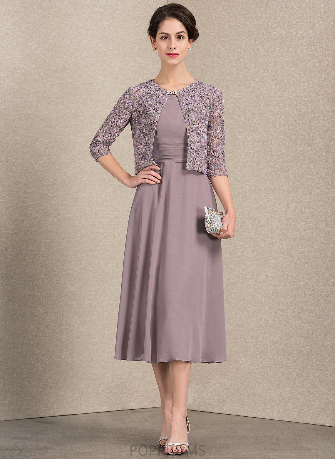 With Bride Dress of Mildred the Mother A-Line Tea-Length Chiffon Neck Scoop Ruffle Mother of the Bride Dresses