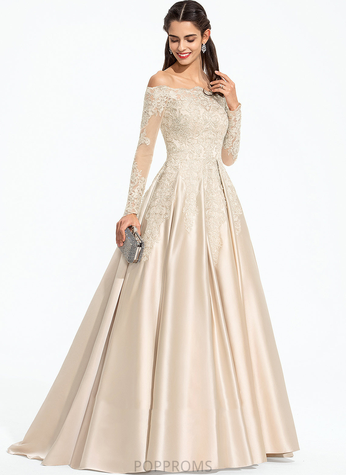 Ball-Gown/Princess Off-the-Shoulder Sweep Prom Dresses Sequins Kiera Lace With Train Satin