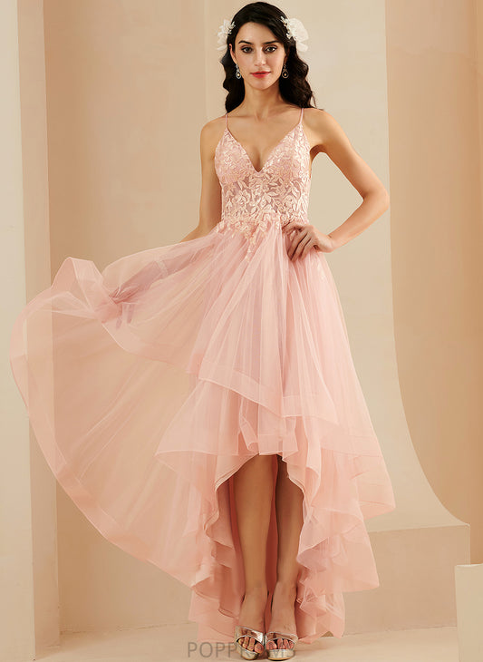 Tulle Jode V-neck Asymmetrical Lace With Prom Dresses Ball-Gown/Princess