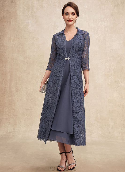 Bride V-neck Miley Mother Mother of the Bride Dresses A-Line Chiffon Tea-Length of the Dress