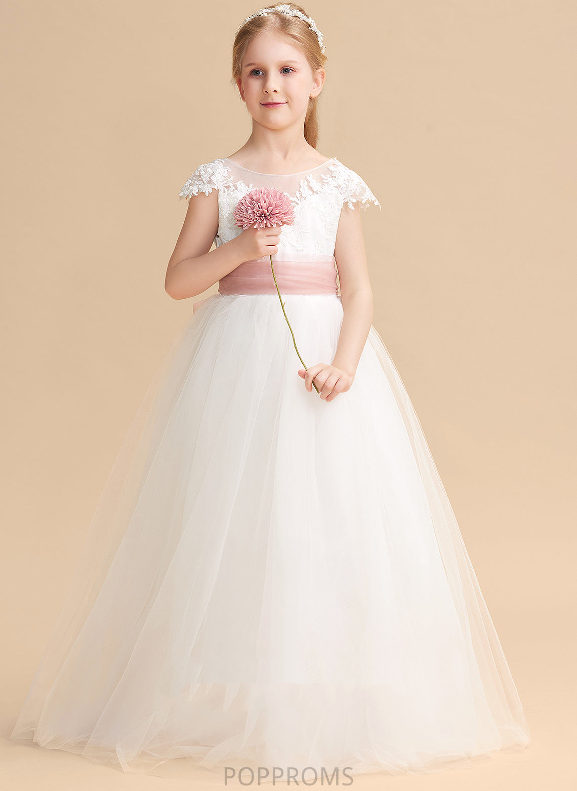 With Sleeveless Dress Willow Scoop Ball-Gown/Princess Flower Neck Lace/Sash Floor-length Girl Lace - Flower Girl Dresses