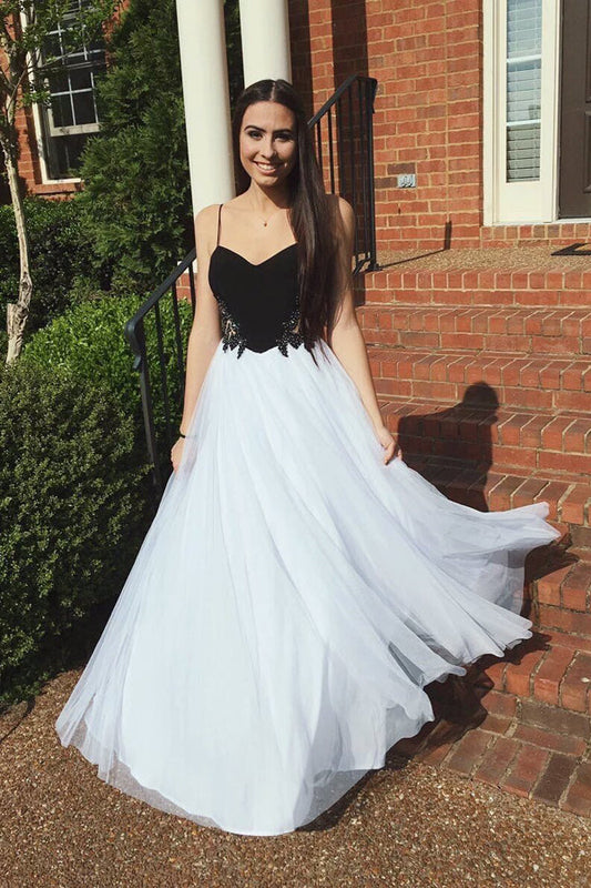 Black White A Line Floor Length V Neck Spaghetti Appliques Prom Dresses