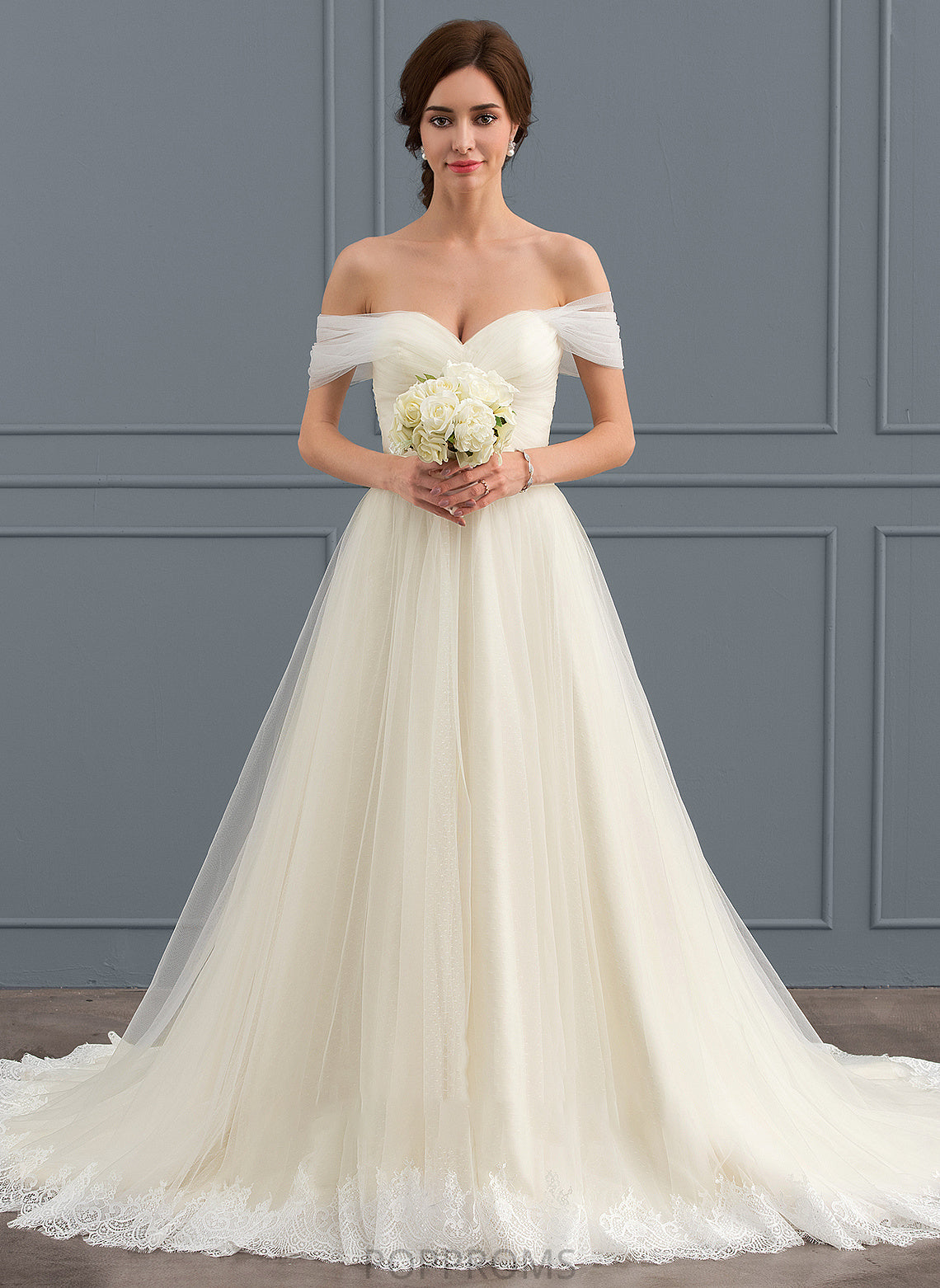 With Wedding Dresses Josephine Ball-Gown/Princess Dress Court Off-the-Shoulder Wedding Lace Tulle Train Ruffle