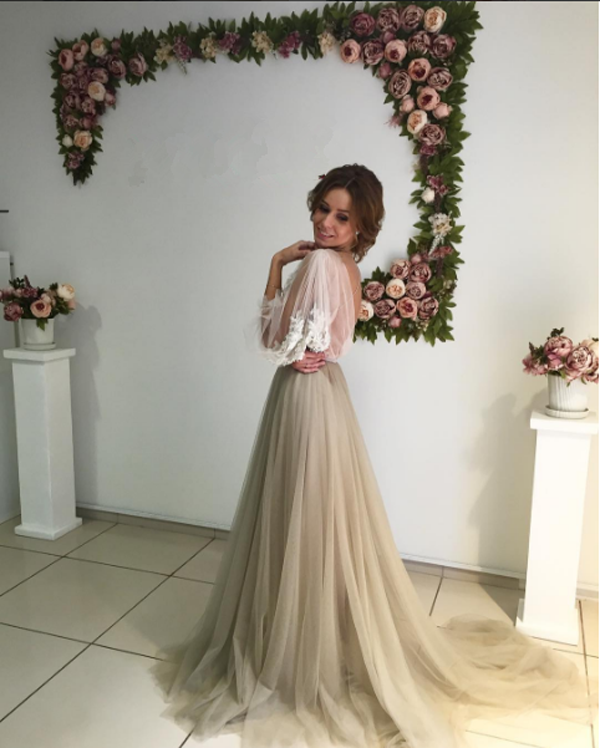 A Line Sweep Train Jewel Neck Long Sleeve Appliques V Back Prom Dresses