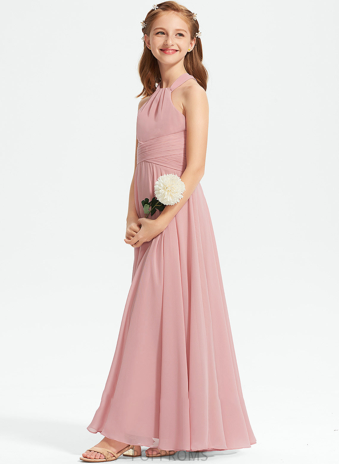 With Ruffle Chiffon Floor-Length Zaria Neckline A-Line Square Junior Bridesmaid Dresses