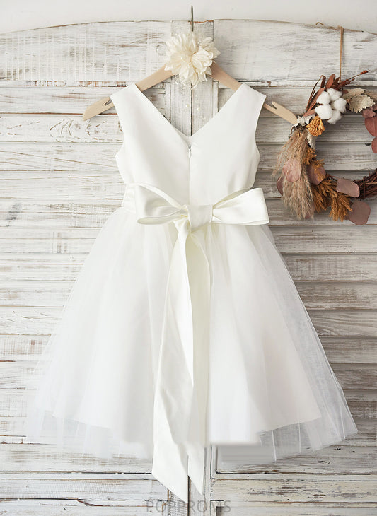 Knee-length Satin/Tulle A-Line Bow(s) Dress - With Flower Sleeveless Girl Flower Girl Dresses Joselyn V-neck