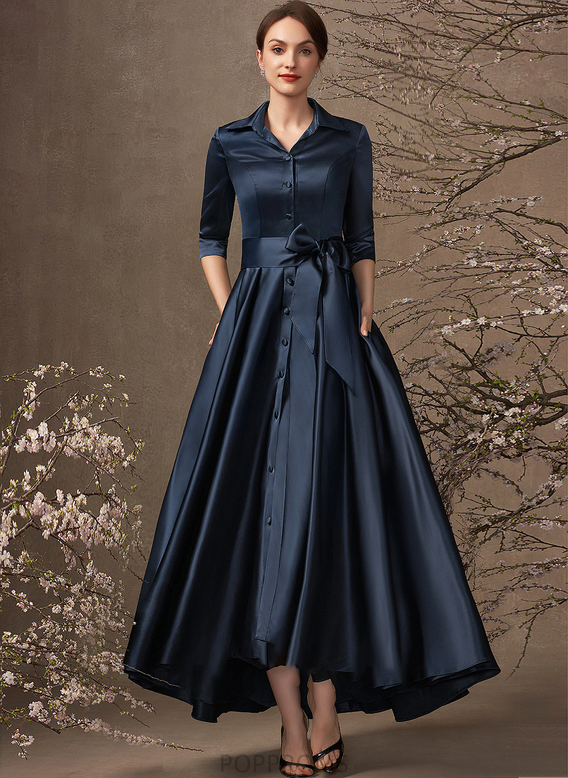 Dress Bride V-neck Mother of the Bride Dresses of Mother Asymmetrical With Pockets the A-Line Cheyenne Bow(s) Satin