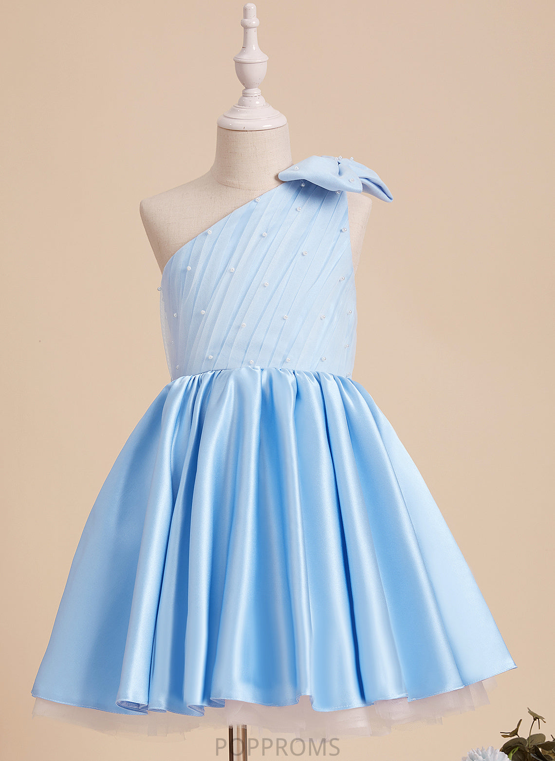 A-Line Flower Beading/Bow(s) With Dress Knee-length Flower Girl Dresses One-Shoulder Girl - Sherry Sleeveless Satin/Tulle