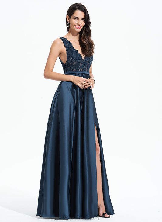 Lace V-neck With Prom Dresses Satin A-Line Rebecca Sequins Floor-Length