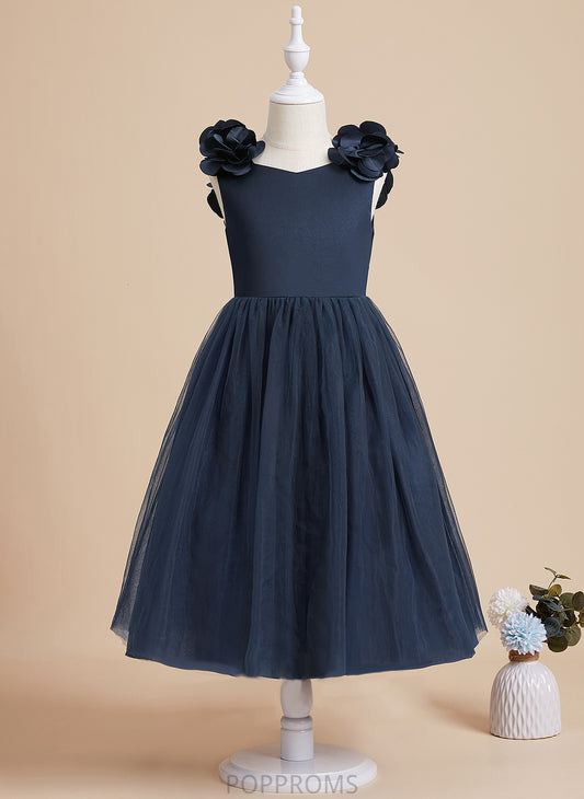 Dress Satin/Tulle Girl Flower - A-Line Flower Girl Dresses Tea-length Abril Flower(s)/Bow(s) Sleeveless With V-neck