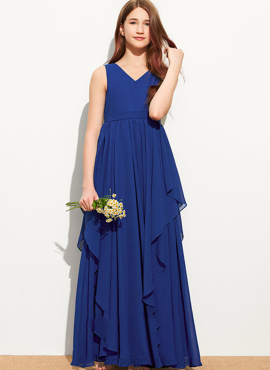 V-neck A-Line Cascading Floor-Length Chiffon Junior Bridesmaid Dresses Ruffles Rebekah With