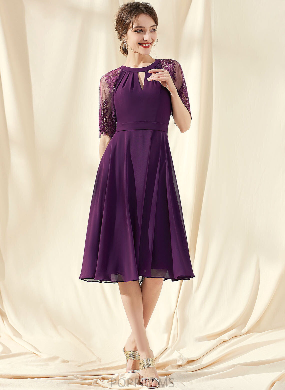 Joanna Scoop Knee-Length Cocktail Dresses Neck Ruffle Lace Cocktail A-Line With Dress Chiffon