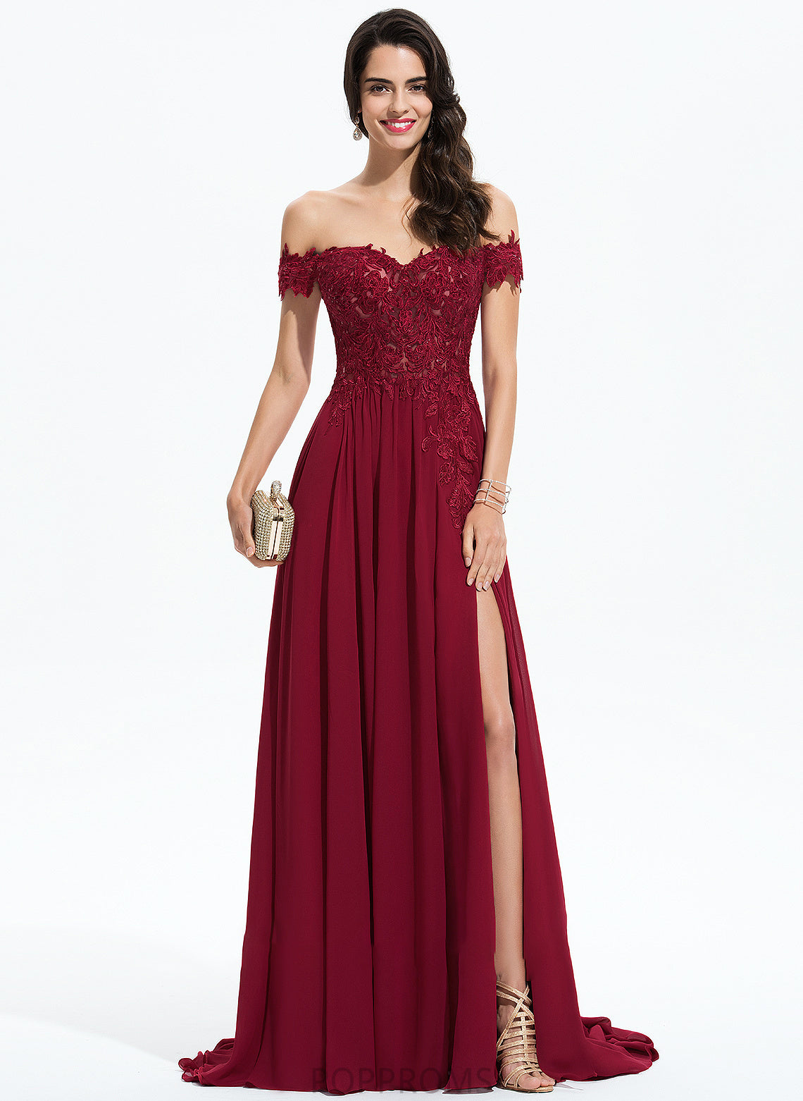 Lace Shaniya With Off-the-Shoulder Chiffon A-Line Train Sweep Prom Dresses Sequins