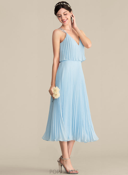 With V-neck Pleated Cocktail Sue A-Line Chiffon Tea-Length Cocktail Dresses Dress