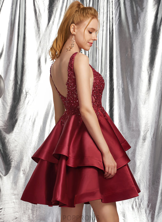 Satin Short/Mini Homecoming Lace V-neck Miriam Dress Homecoming Dresses Beading With A-Line Sequins