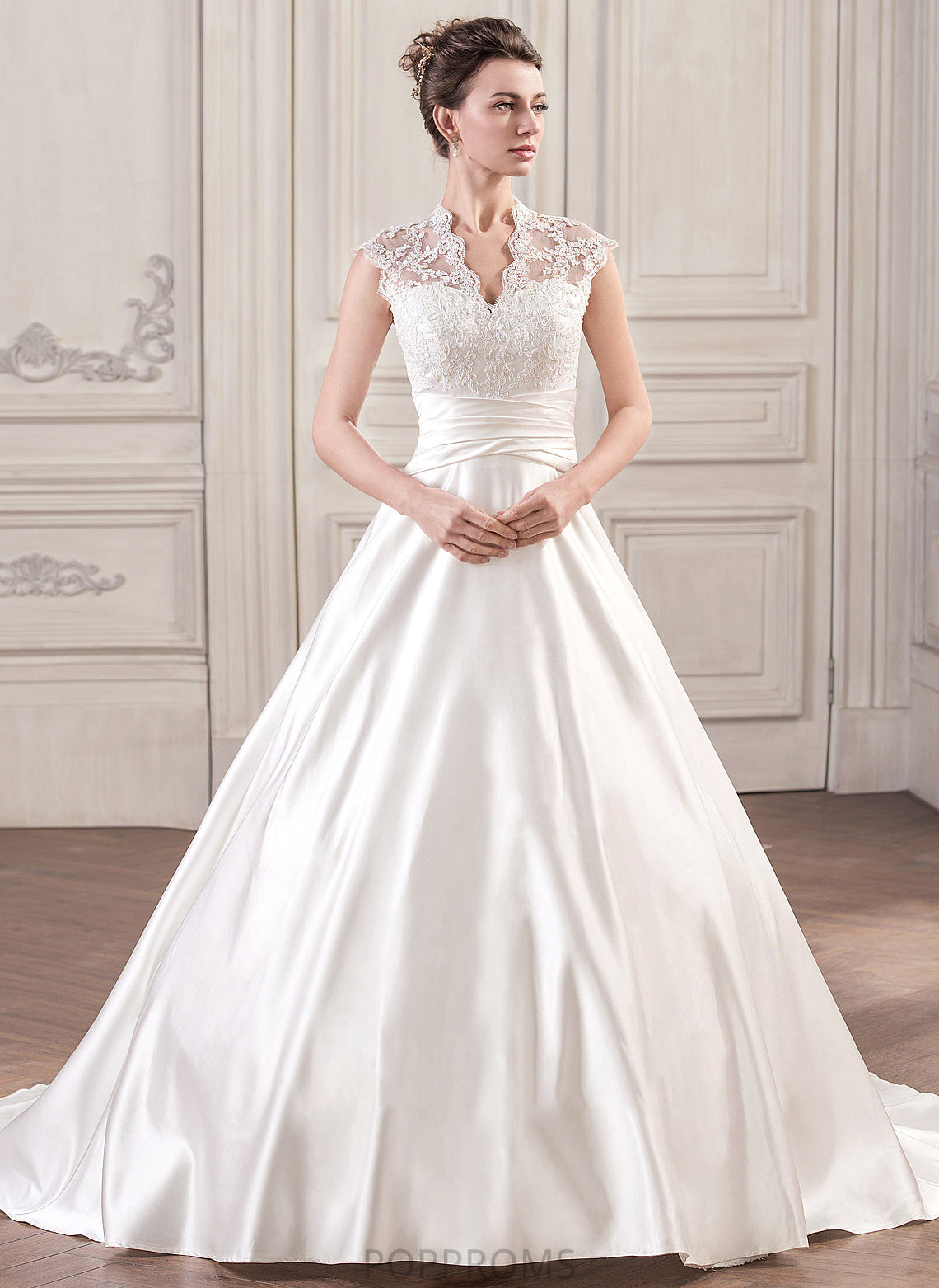 Train Lace Cassidy Dress V-neck With Court Wedding Dresses Wedding Ruffle Ball-Gown/Princess Satin