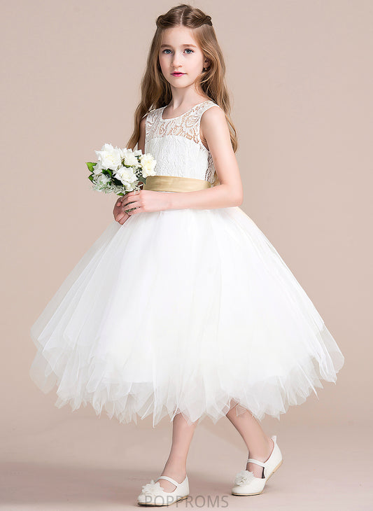 Tulle/Lace Tea-length Helga With A-Line Hole Sash/Back Flower Girl Sleeveless (Detachable Scoop sash) - Dress Neck Flower Girl Dresses