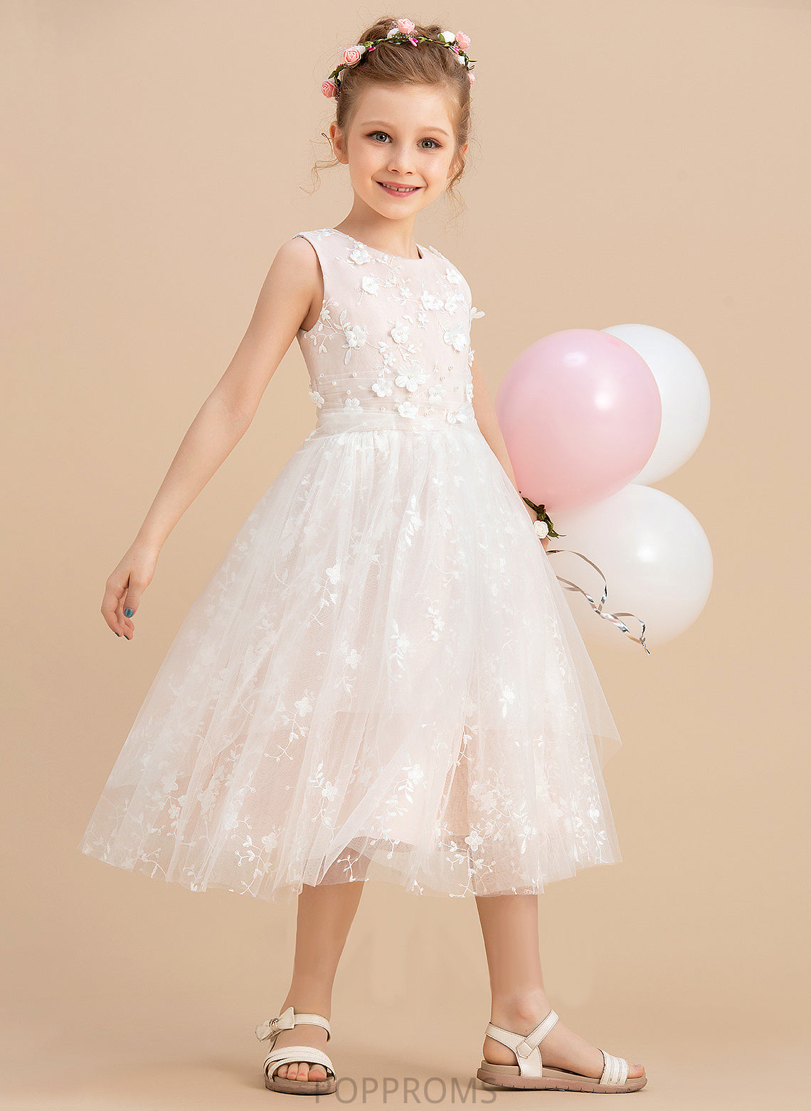 Neck Tea-length Beading/Flower(s) Sleeveless With Tulle/Lace Girl Flower Scoop Dress Lesly Flower Girl Dresses A-Line -