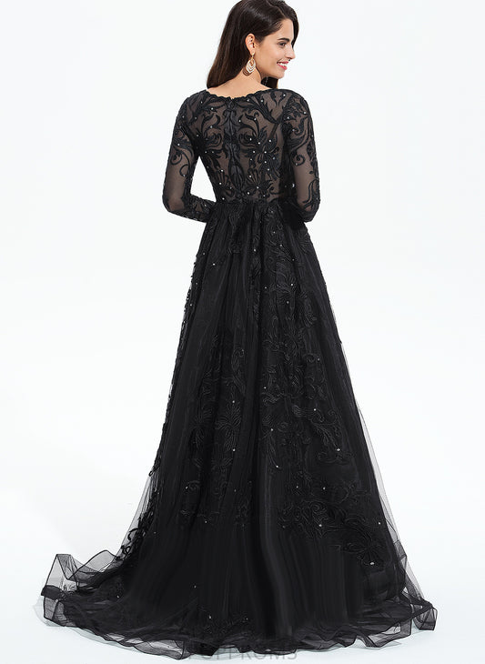 With Sweep Train Nydia Ball-Gown/Princess Prom Dresses Sequins V-neck Tulle