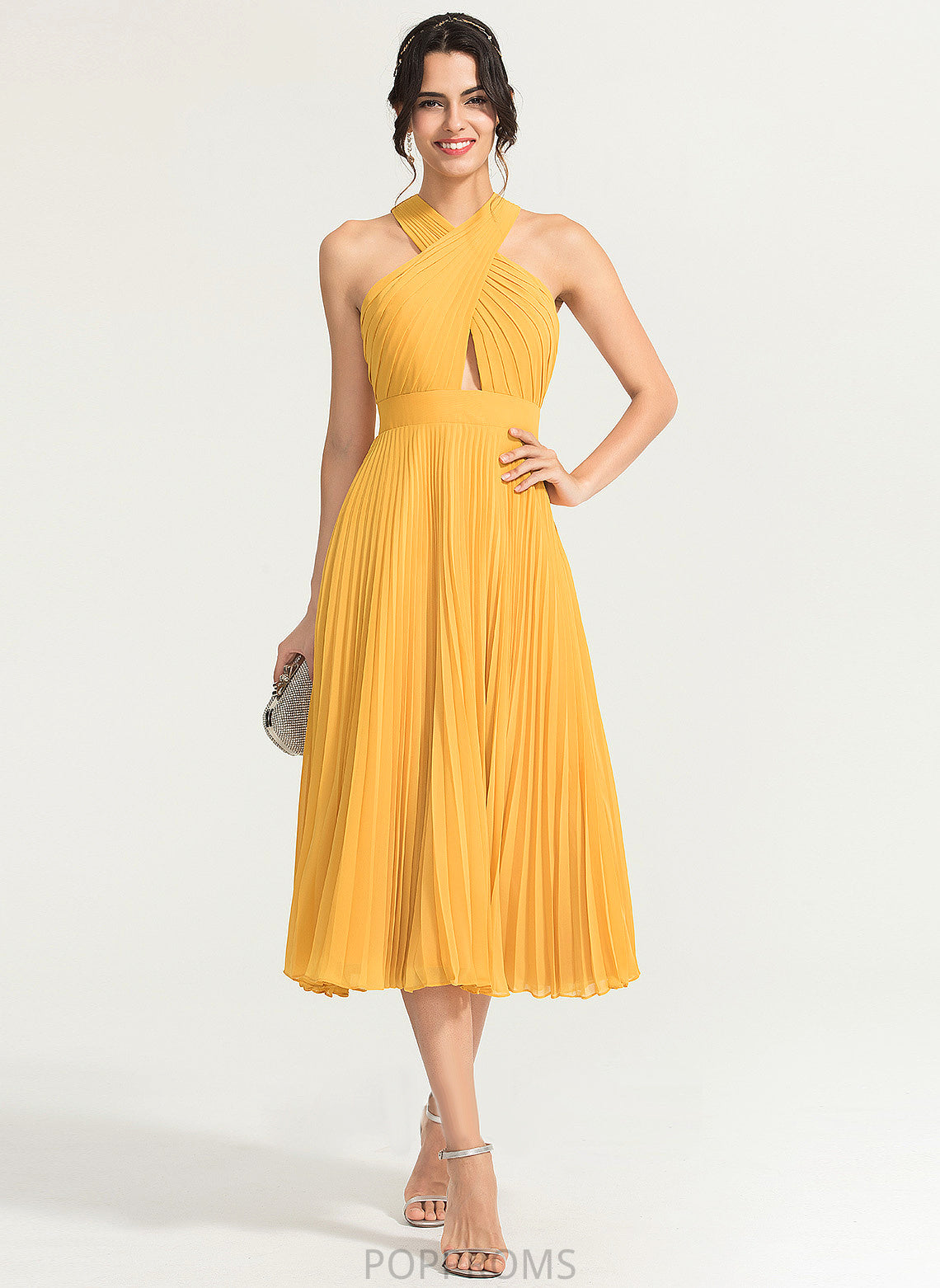 A-Line Chiffon Cocktail Cocktail Dresses Dress With V-neck Payten Pleated Tea-Length