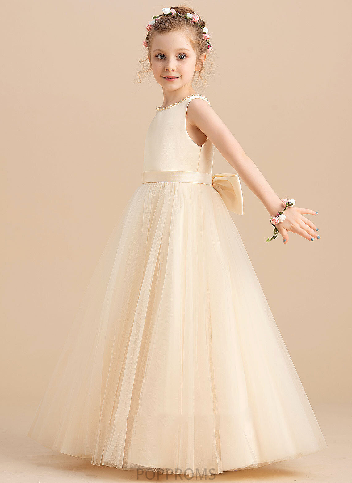 Girl Sleeveless Satin/Tulle Flower Floor-length Neck Ball-Gown/Princess Beading/Bow(s) Flower Girl Dresses Scoop Dress With - Jayden