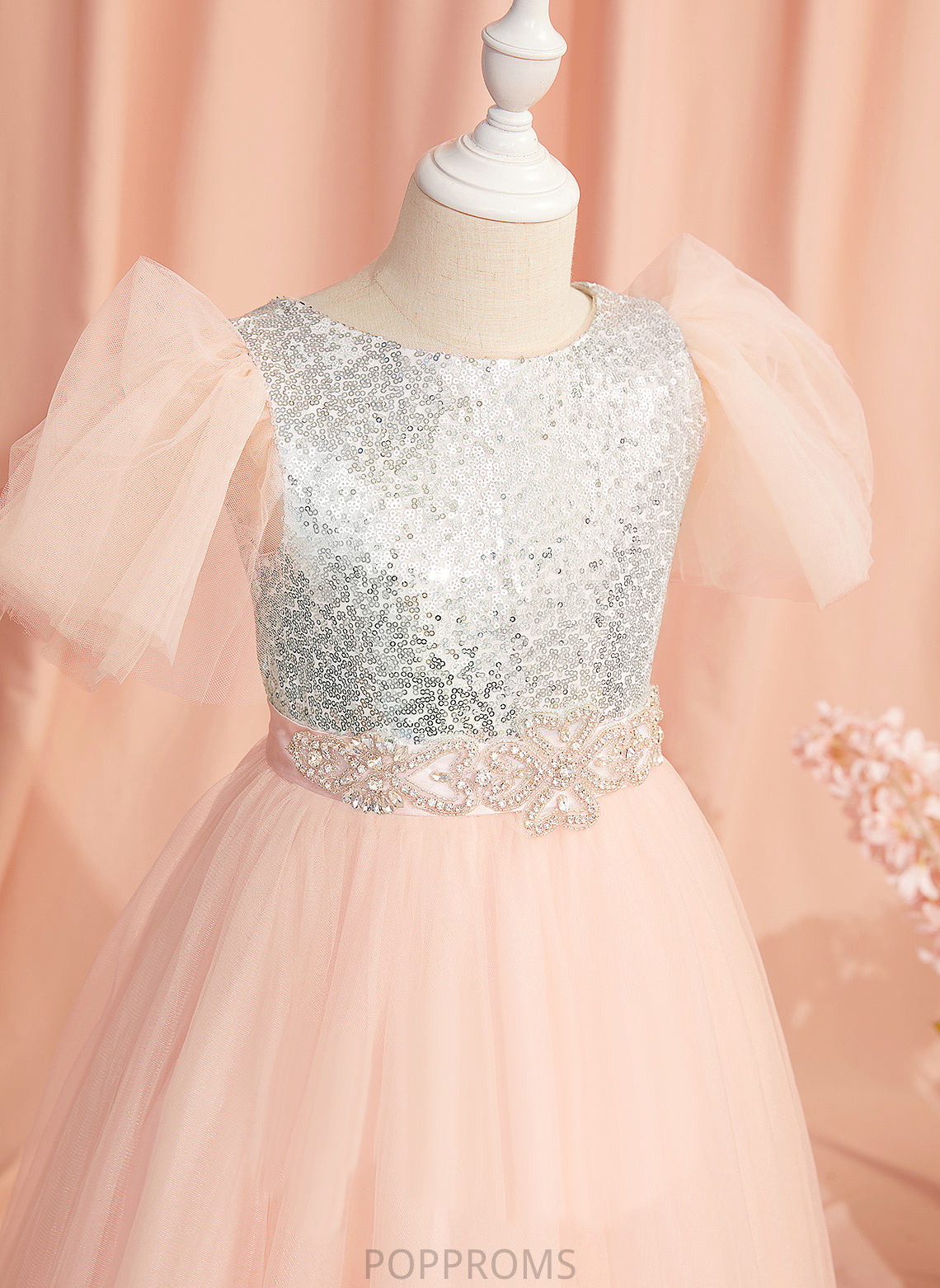 Ball-Gown/Princess With Tulle/Sequined Scoop Flower Sleeves Floor-length Neck Dress - Girl Beading/Sequins/Bow(s) Flower Girl Dresses Short Harmony