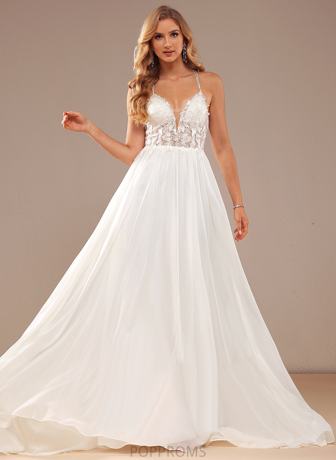 A-Line Dress V-neck Wedding Dresses Train Lace Alivia Sequins Wedding Chiffon Sweep With Beading