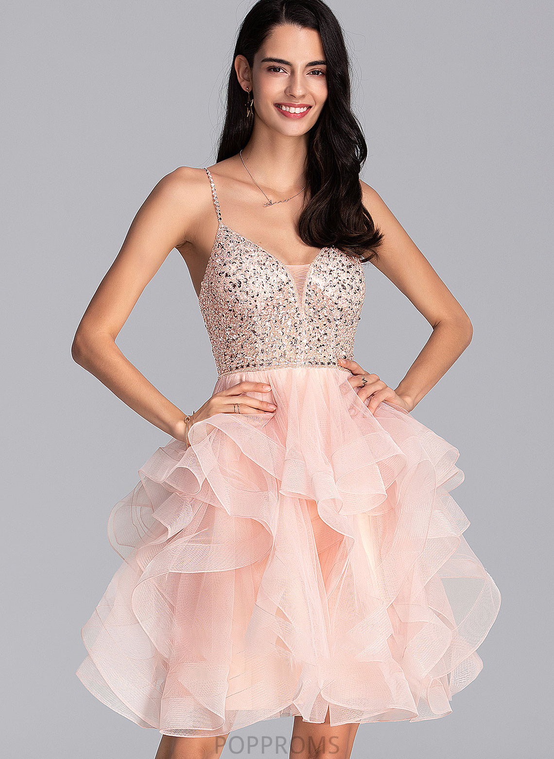 With V-neck Knee-Length Ball-Gown/Princess Prom Dresses Beading Tulle Casey Sequins