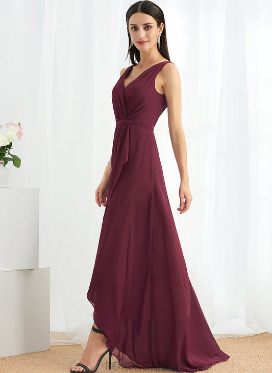 Length Fabric Silhouette Asymmetrical A-Line V-neck SplitFront Embellishment Neckline Jean V-Neck Floor Length Bridesmaid Dresses