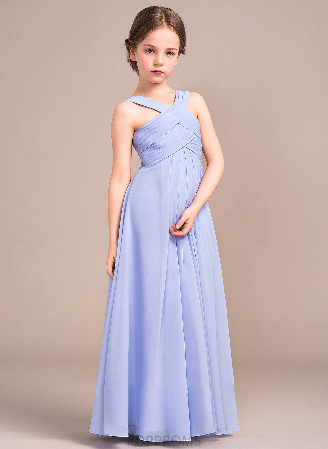 With A-Line Junior Bridesmaid Dresses Chiffon Floor-Length Roselyn Ruffle V-neck