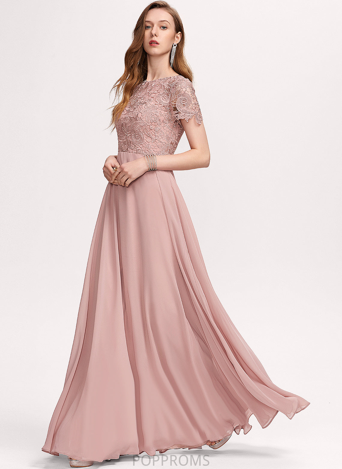 Lace A-Line Scoop Ginny Chiffon Floor-Length Prom Dresses With Sequins