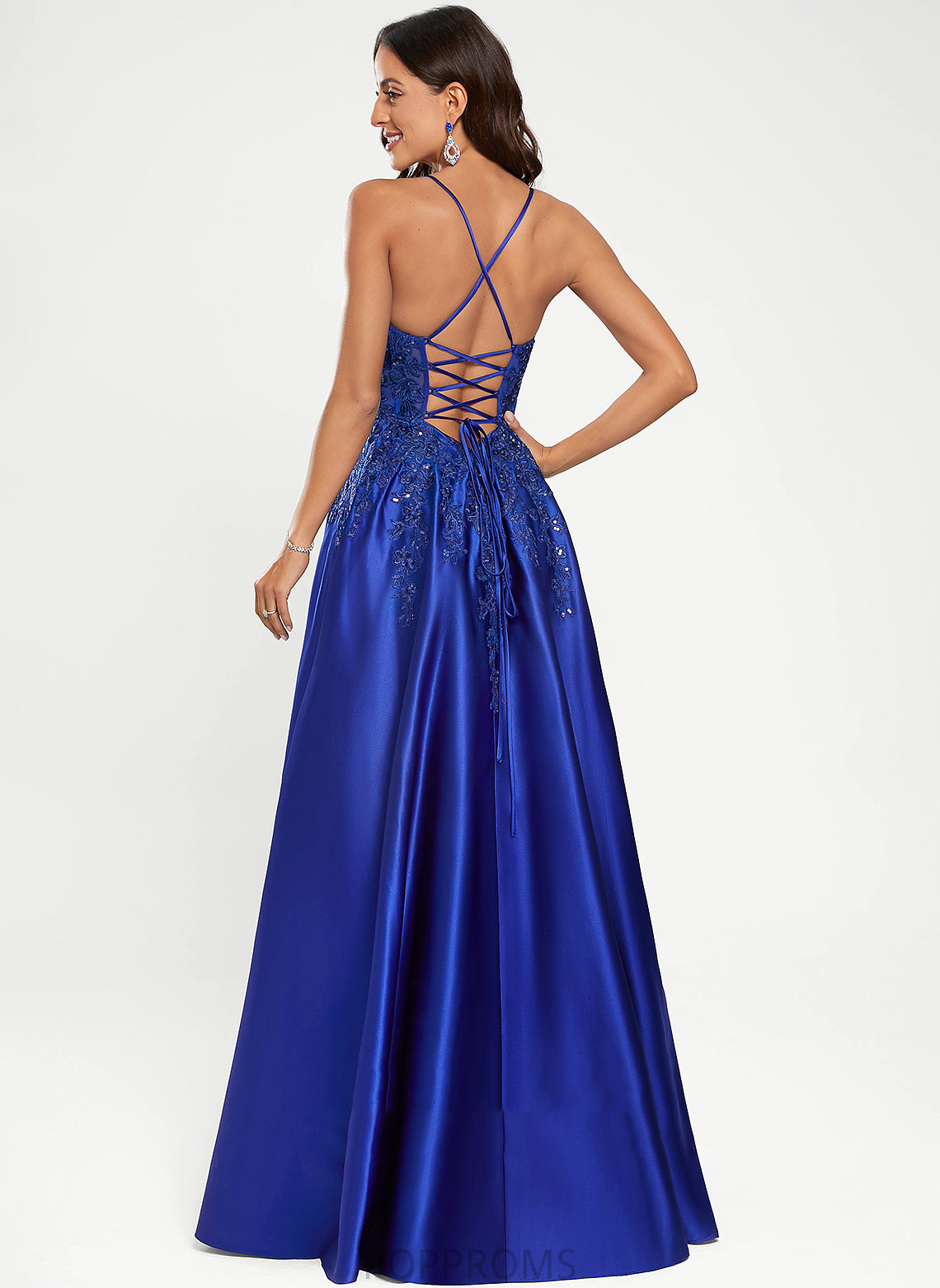 With Satin V-neck Suzanne Sequins Floor-Length A-Line Prom Dresses