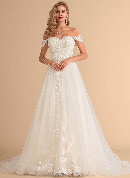 Ball-Gown/Princess Sequins Wedding Dresses Dress With Lace Off-the-Shoulder Brynn Wedding Train Tulle Court