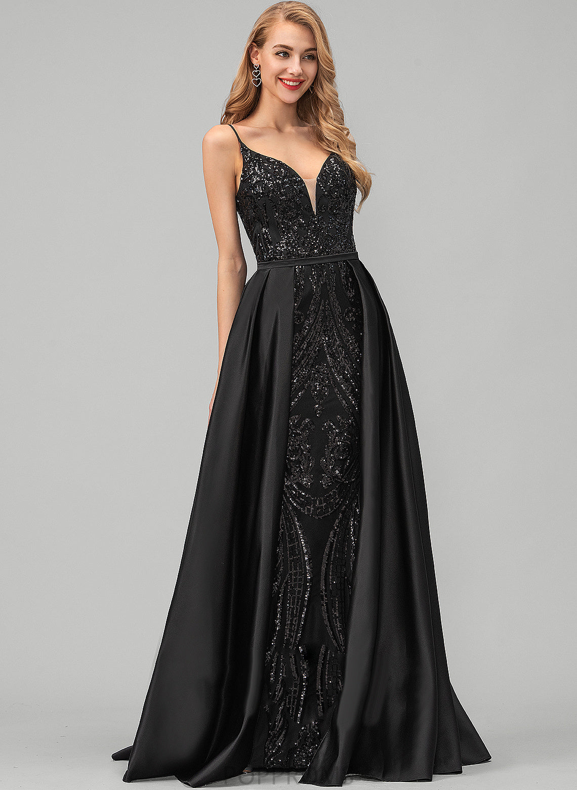 V-neck Satin Sheath/Column Sequined Floor-Length Prom Dresses Allyson