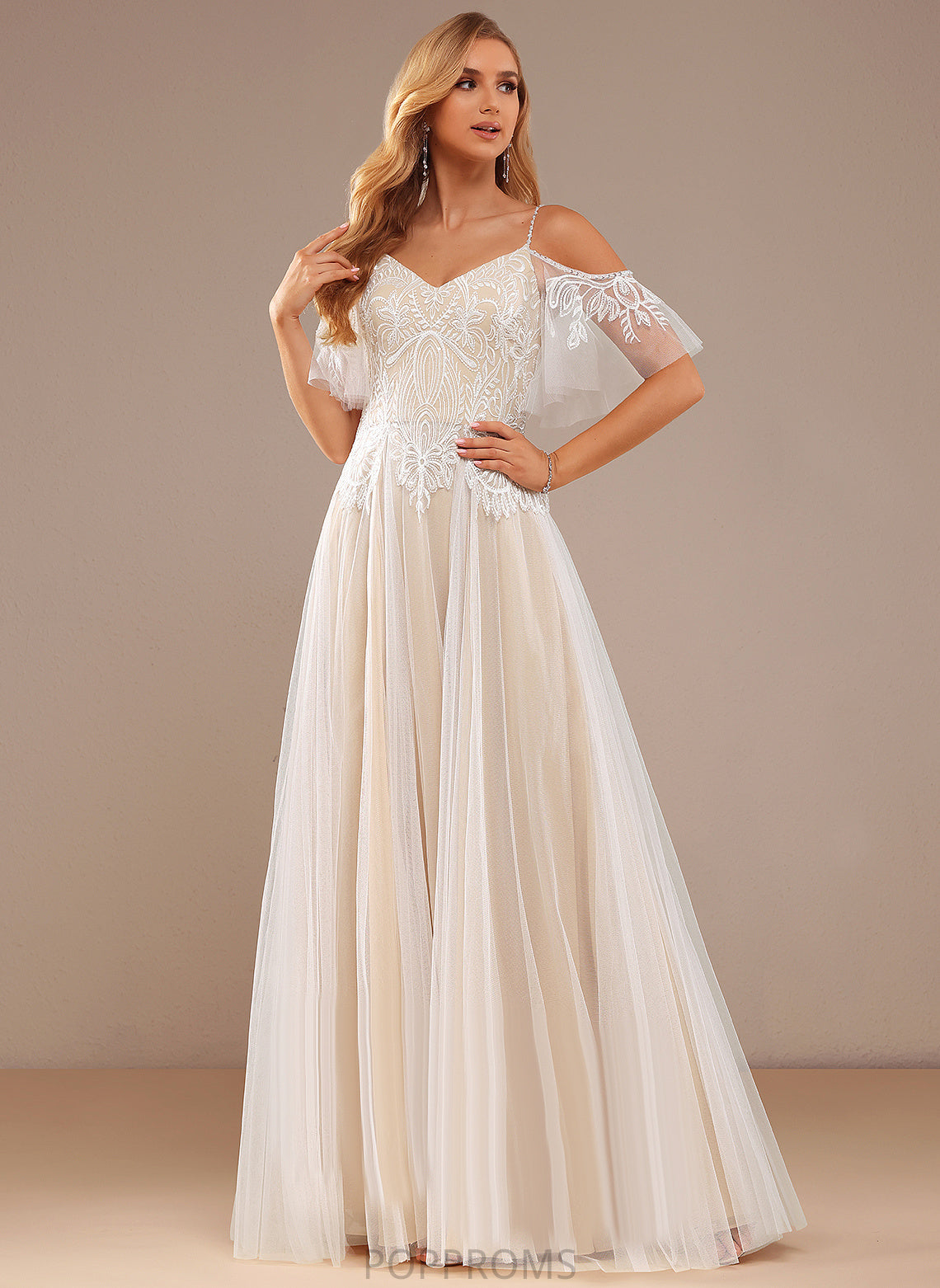 Alaina Tulle Beading Lace Wedding A-Line Lace Dress Ruffle With Floor-Length V-neck Wedding Dresses Sequins