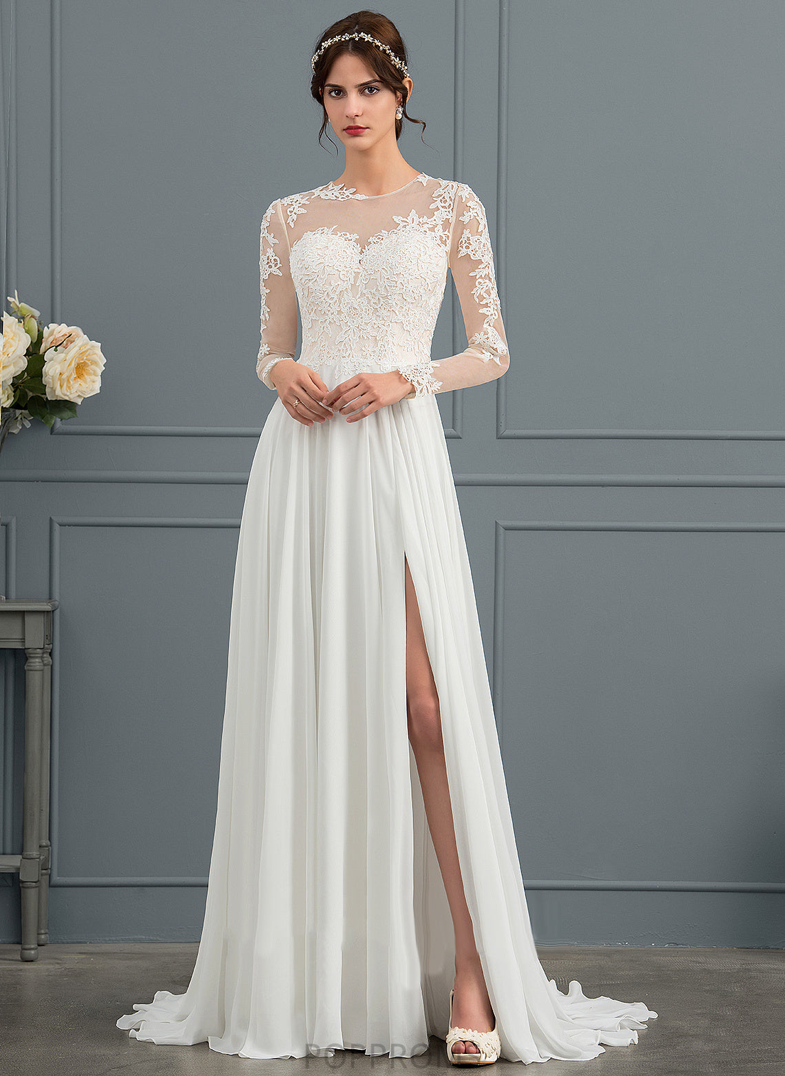 Wedding Train A-Line Split Illusion Appliques Dress With Chiffon Sweep Gianna Wedding Dresses Tulle Lace Front