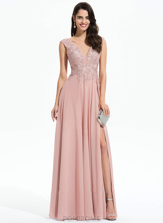 Split Front Mary A-Line V-neck Prom Dresses Chiffon Floor-Length With Lace