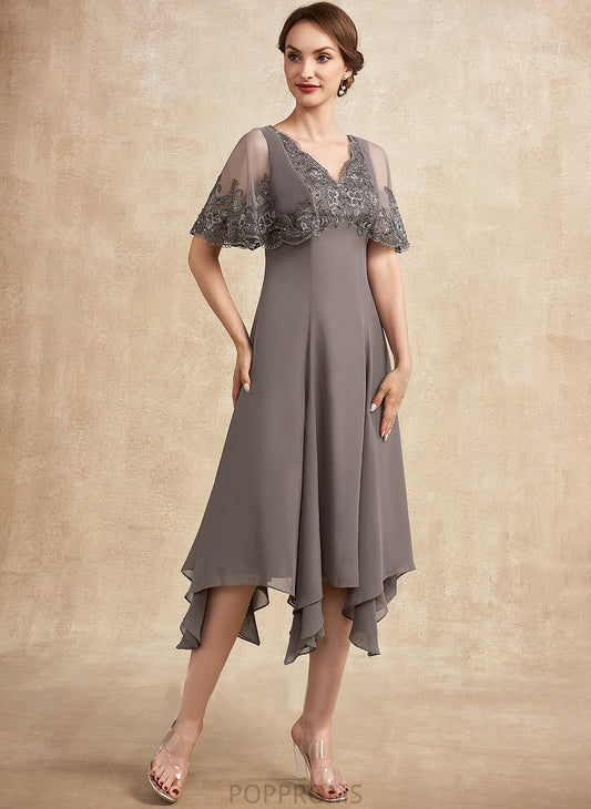 Mother Taniya Mother of the Bride Dresses Beading Sequins V-neck Bride Lace With of Chiffon Tea-Length the Dress A-Line