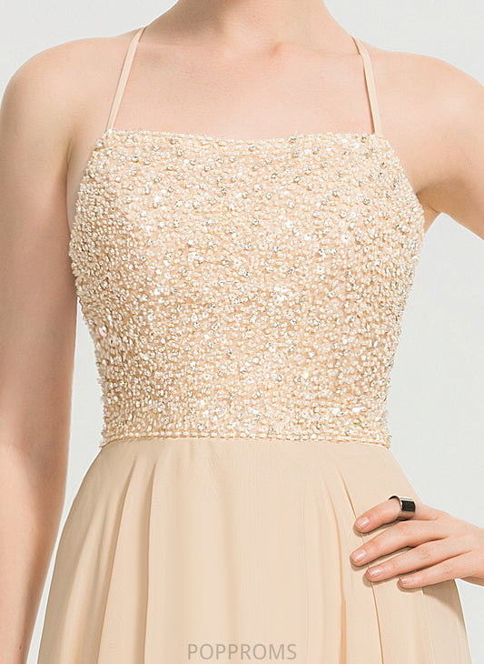 Train Square Sequins Chiffon A-Line Sweep Ali With Beading Prom Dresses