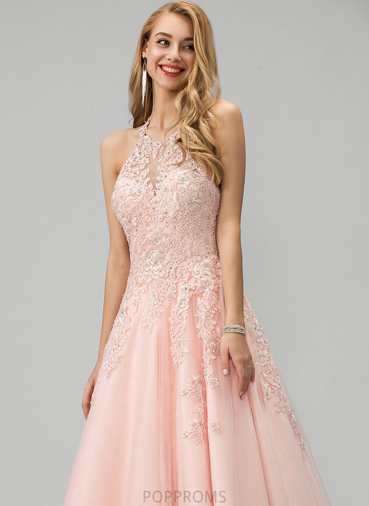 Scoop Tulle Angela Neck Floor-Length Ball-Gown/Princess Lace Sequins Prom Dresses With Beading