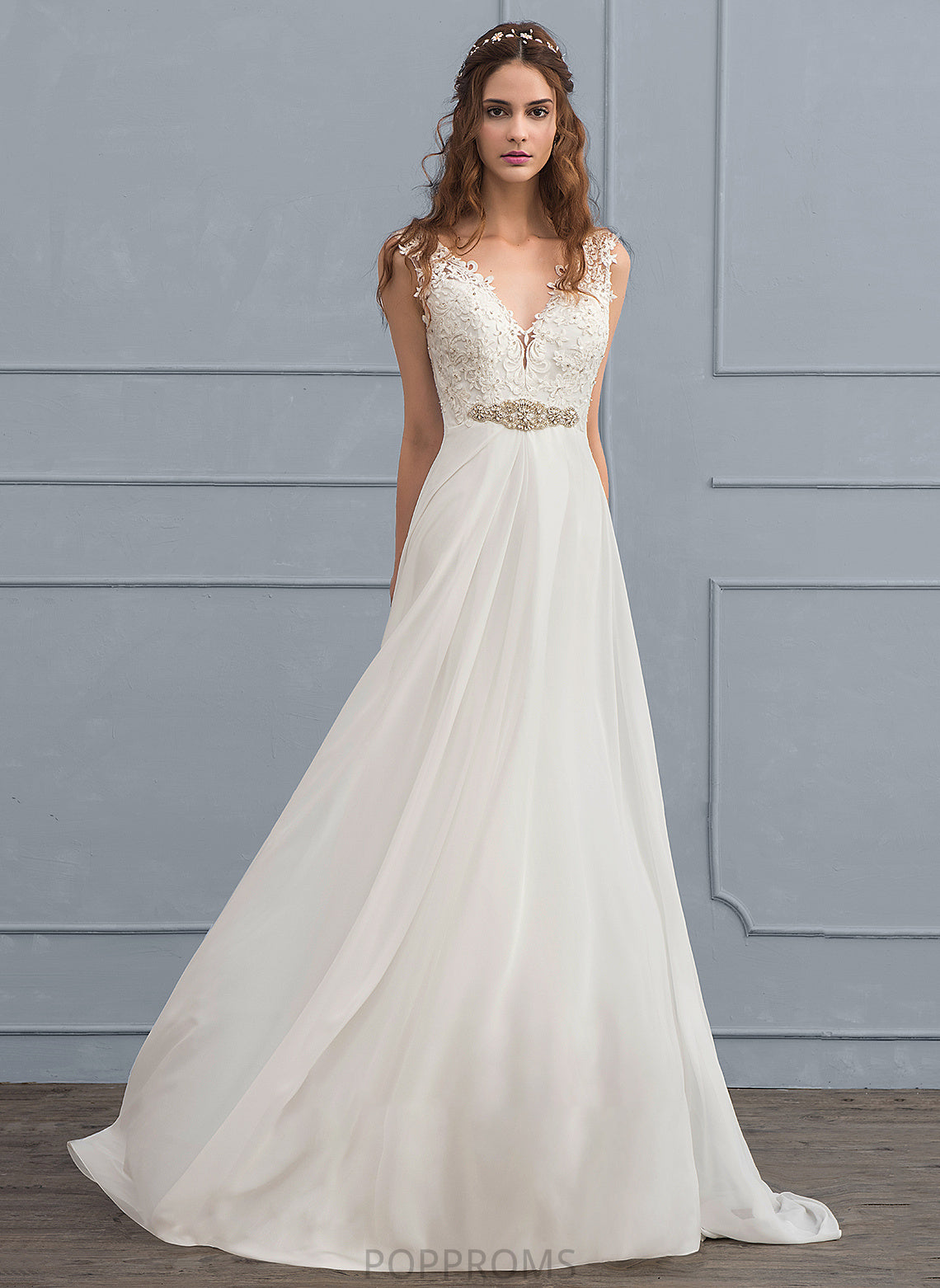 Wedding Train Beading Dress Sequins Chiffon V-neck A-Line Haylee Wedding Dresses With Court